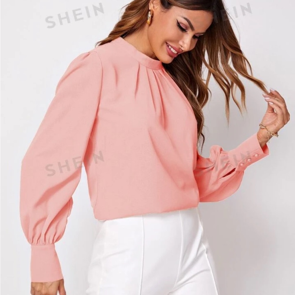 SHEIN Classic Keyhole Back Mock Neck Solid Blouse Coral Pink